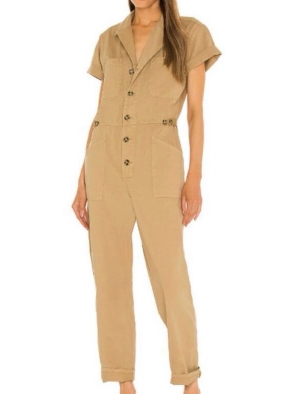 NWOT Pistola Grover Champagne/Tan Short-Sleeve Utility Twill Jumpsuit Small